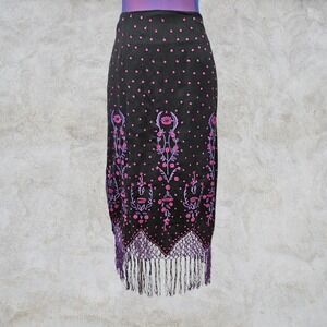 Mix Nouveau New York Embroidered Fringe Macramé Midi Skirt Size 12 N73